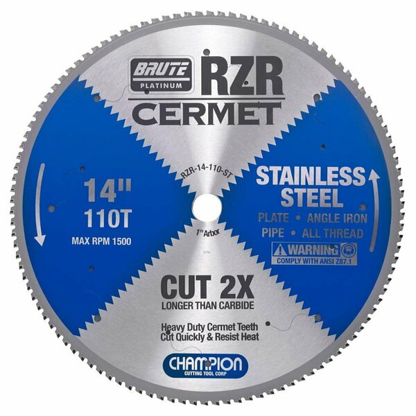 Brute Platinum 14in Brute RZR Cermet Tipped Circular Saw Blades for Stainless Steel, 110 Teeth, 1in Arbor CHA RZR-14-110-ST